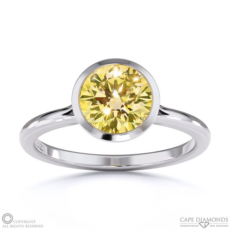 Yellow Natural Diamond Round-cut Bezel Setting Split Band White Gold Engagement Ring