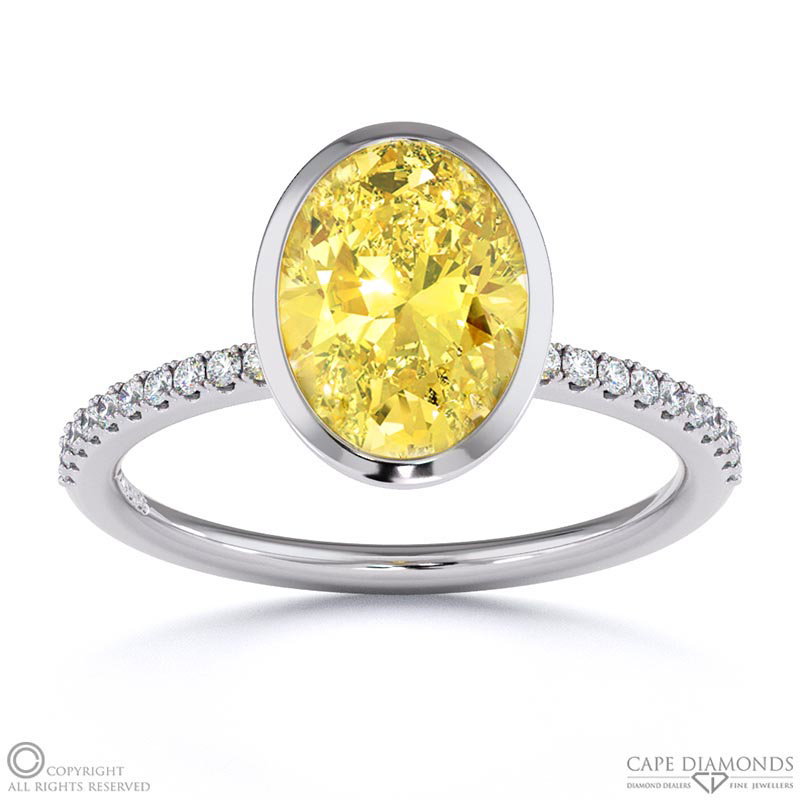 Yellow Natural Diamond Oval-cut Basket Bezel Setting Pave White Gold Engagement Ring