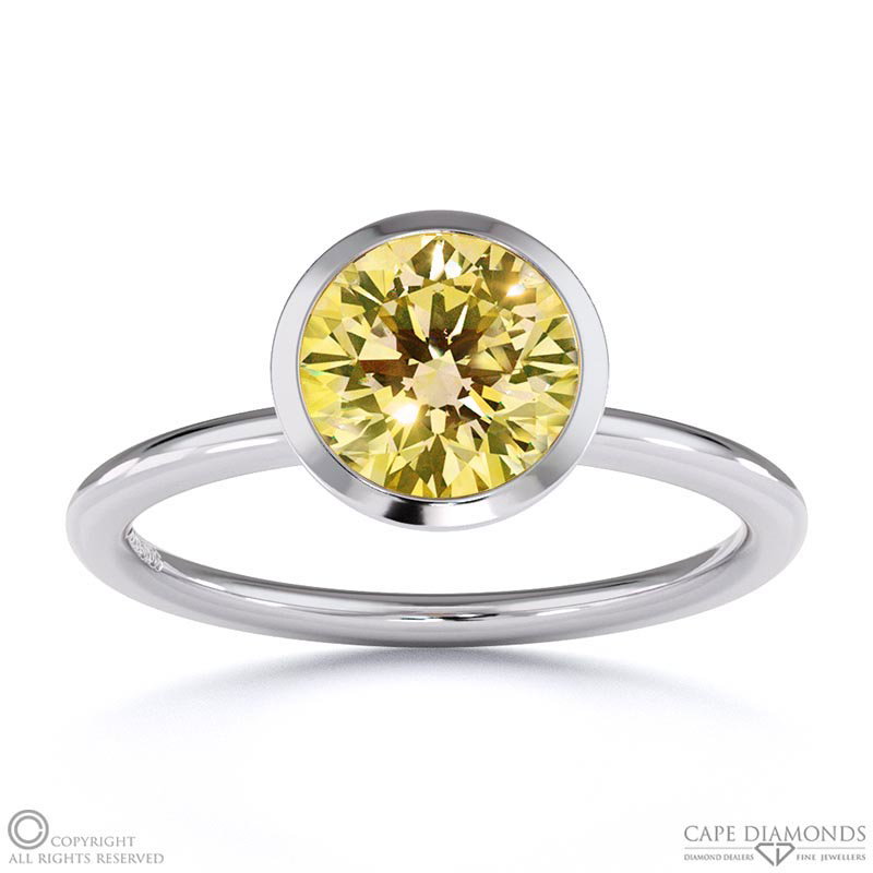 Yellow Natural Diamond Round-cut Basket Bezel Setting Solitaire White Gold Engagement Ring