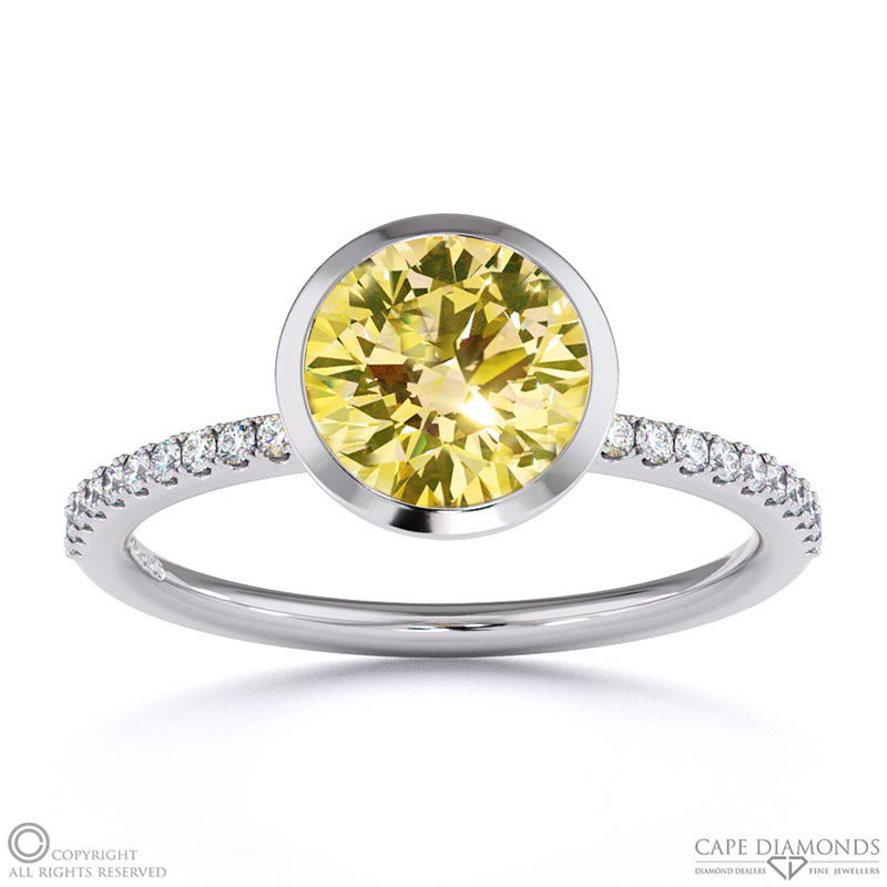 Yellow Natural Diamond Round-cut Basket Bezel Setting Pave White Gold Engagement Ring