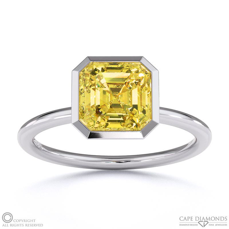 Yellow Natural Diamond Asscher-cut Basket Bezel Setting Solitaire White Gold Engagement Ring
