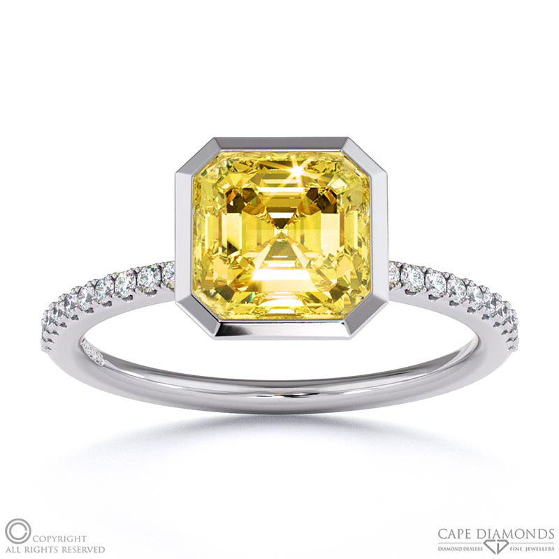Yellow Natural Diamond Asscher-cut Basket Bezel Setting Pave White Gold Engagement Ring