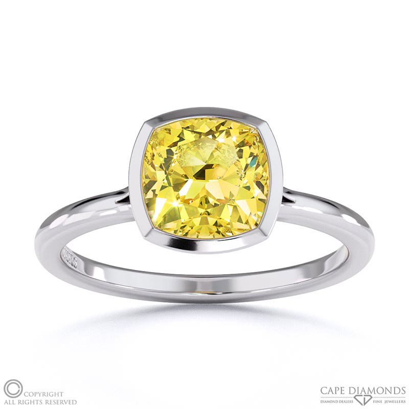 Yellow Natural Diamond Cushion-cut Bezel Setting Split Band White Gold Engagement Ring
