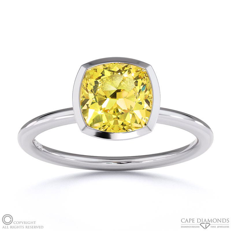 Yellow Natural Diamond Cushion-cut Basket Bezel Setting Solitaire White Gold Engagement Ring