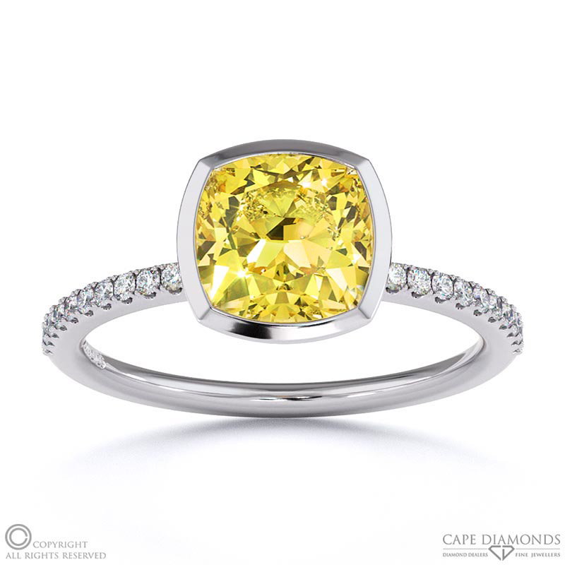Yellow Natural Diamond Cushion-cut Basket Bezel Setting Pave White Gold Engagement Ring