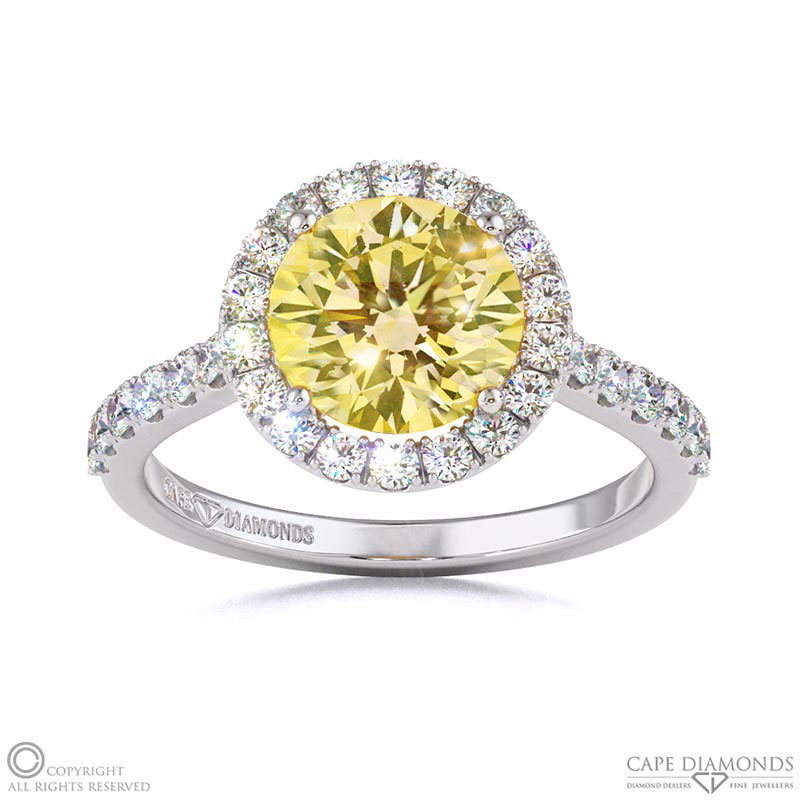 Yellow Natural Diamond Round Halo Engagement Ring White Gold